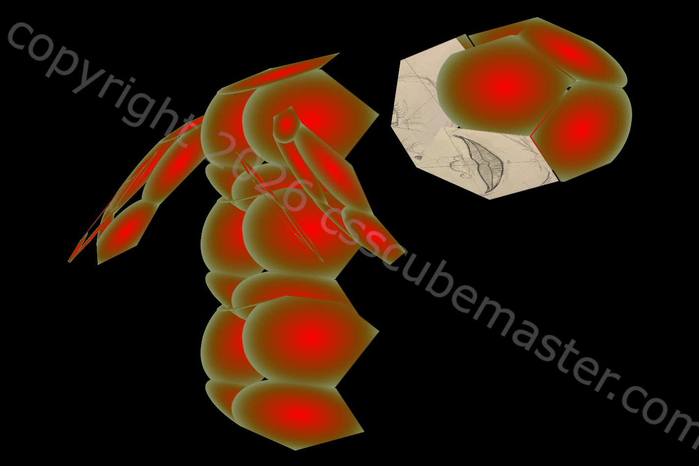 CSS 3d pentagon woman losing her head on a black background