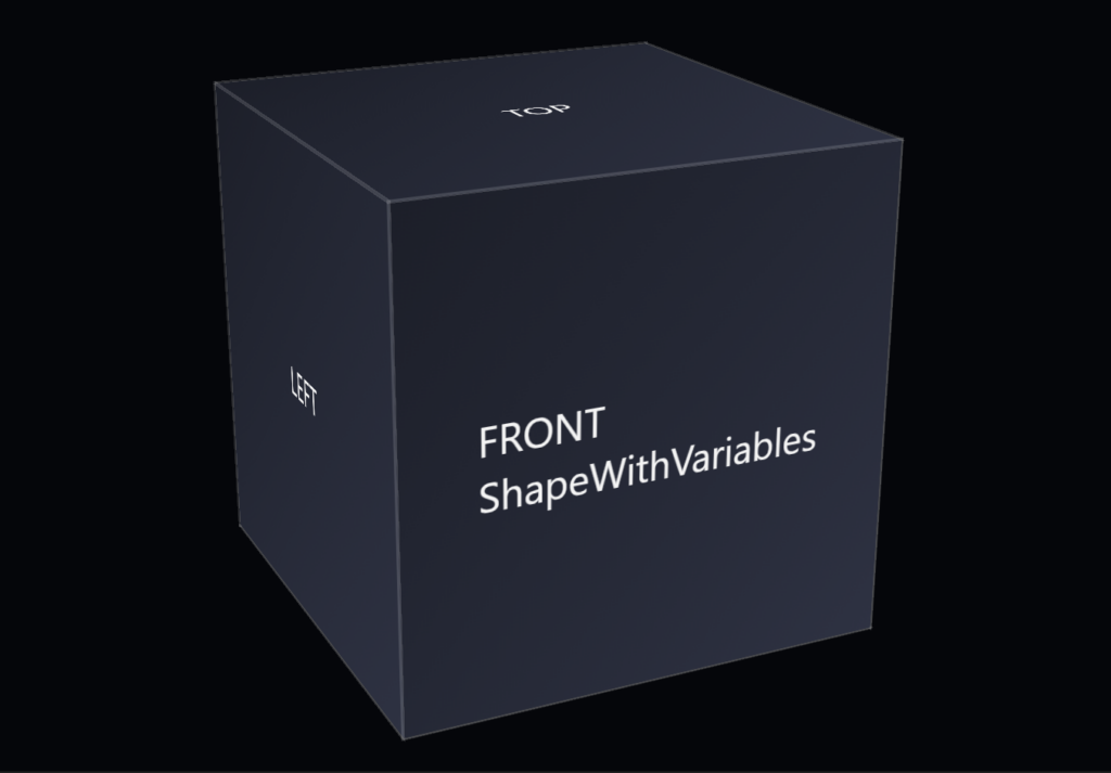 Screenshot of the ShapeWithVariables component, showing a centered CSS cube on a black background.